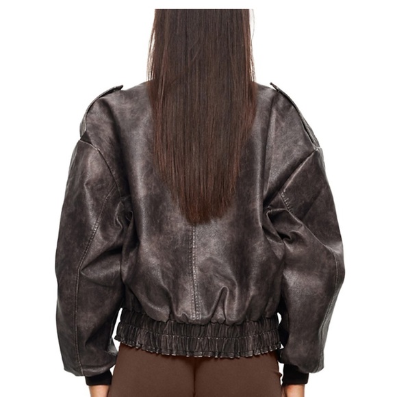 NWT XS Lioness Casey Distressed Black/Brown Faux Leather Oversized Bomber Jacket - Picture 2 of 5